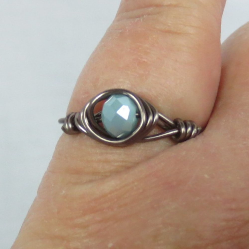 Handcrafted Ring Turquoise Colored Crystal Gunmetal Wire Wrap Everyday Size 8